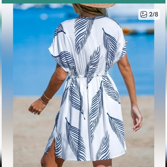 New W Tag CUPSHE White and Blue Leaf Print Swim Cover-Up L - Picture 2 of 10